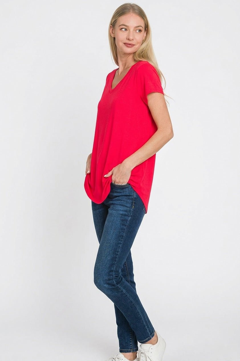 Zenana Rayon Short Sleeve V - neck Round Hem Top - Bitsy Gypsy Boutique