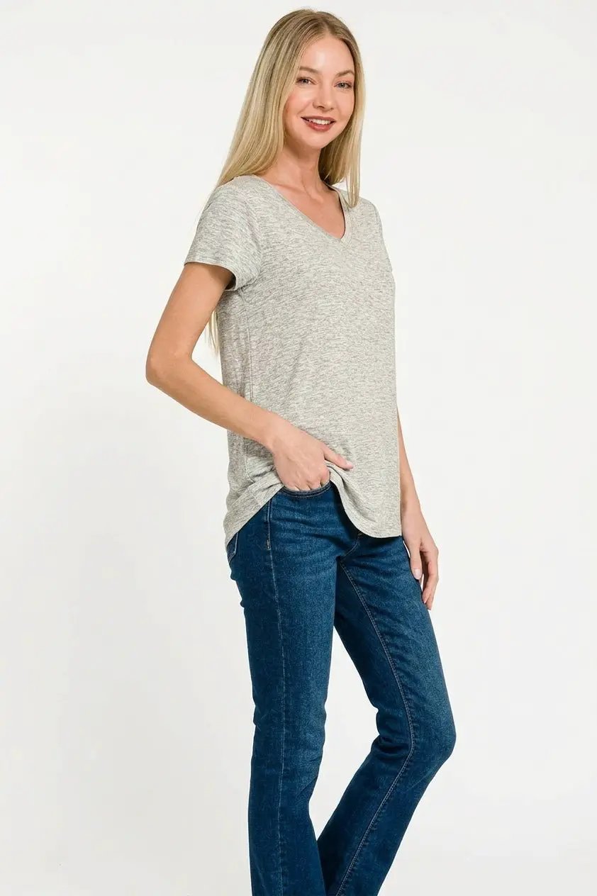 Zenana Rayon Short Sleeve V-neck Round Hem Top by Trendsi