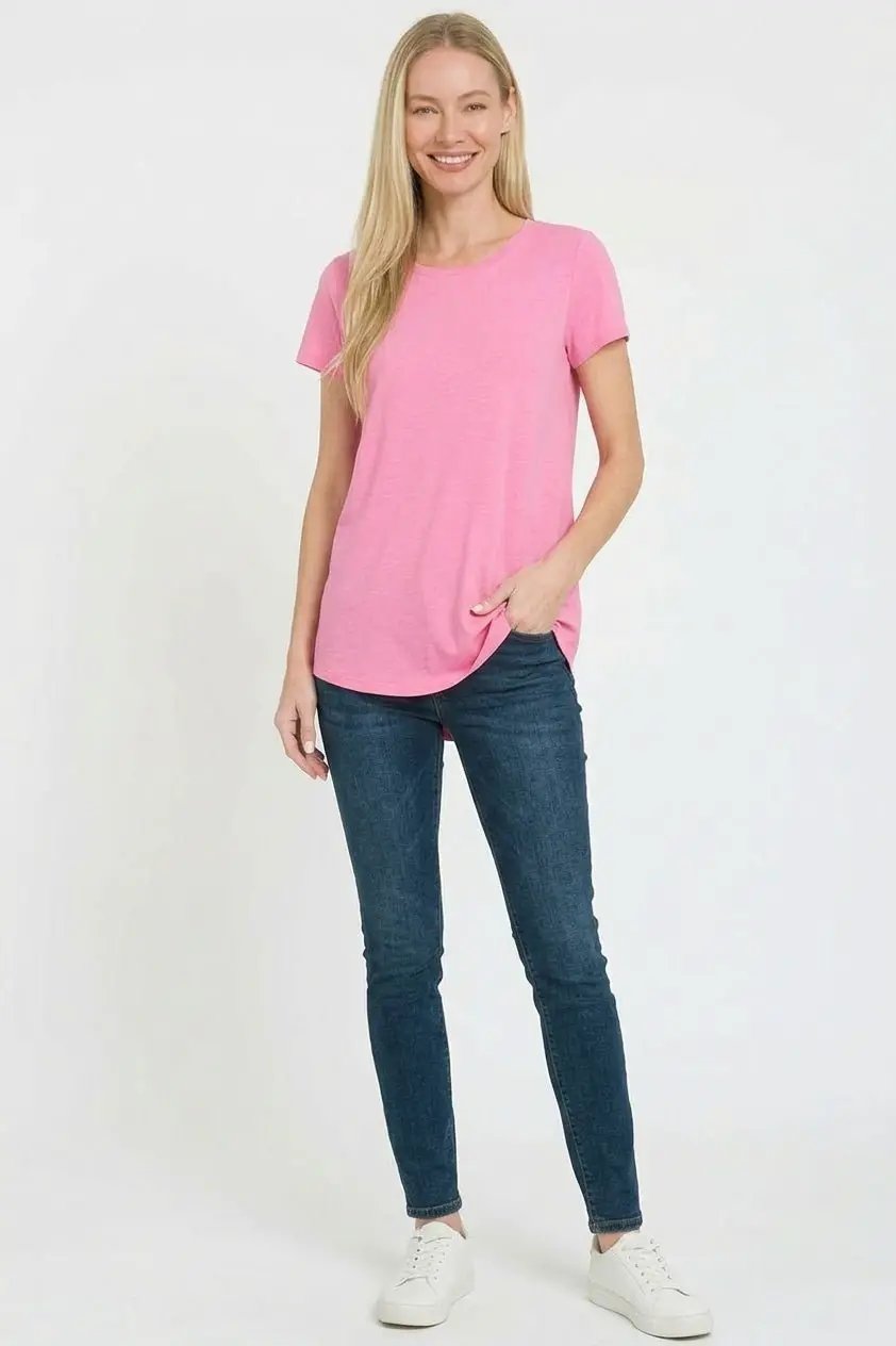 Zenana Rayon Short Sleeve V-neck Round Hem Top by Trendsi