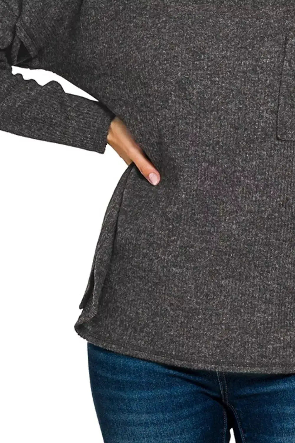 Zenana Ribbed Brushed Melange Hacci Sweater with Chest Pocket by Trendsi