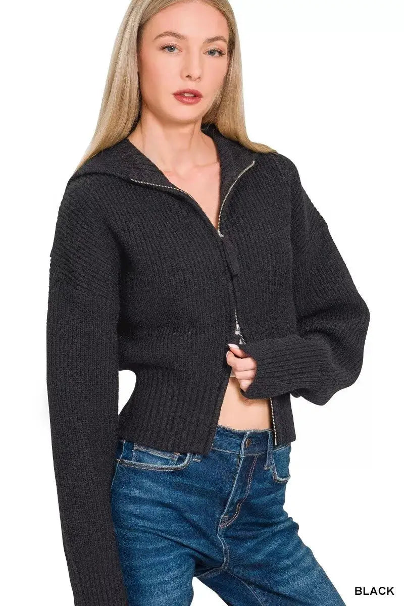 Zenana Ribbed Collared Zip Up Sweater Cardigan by Trendsi