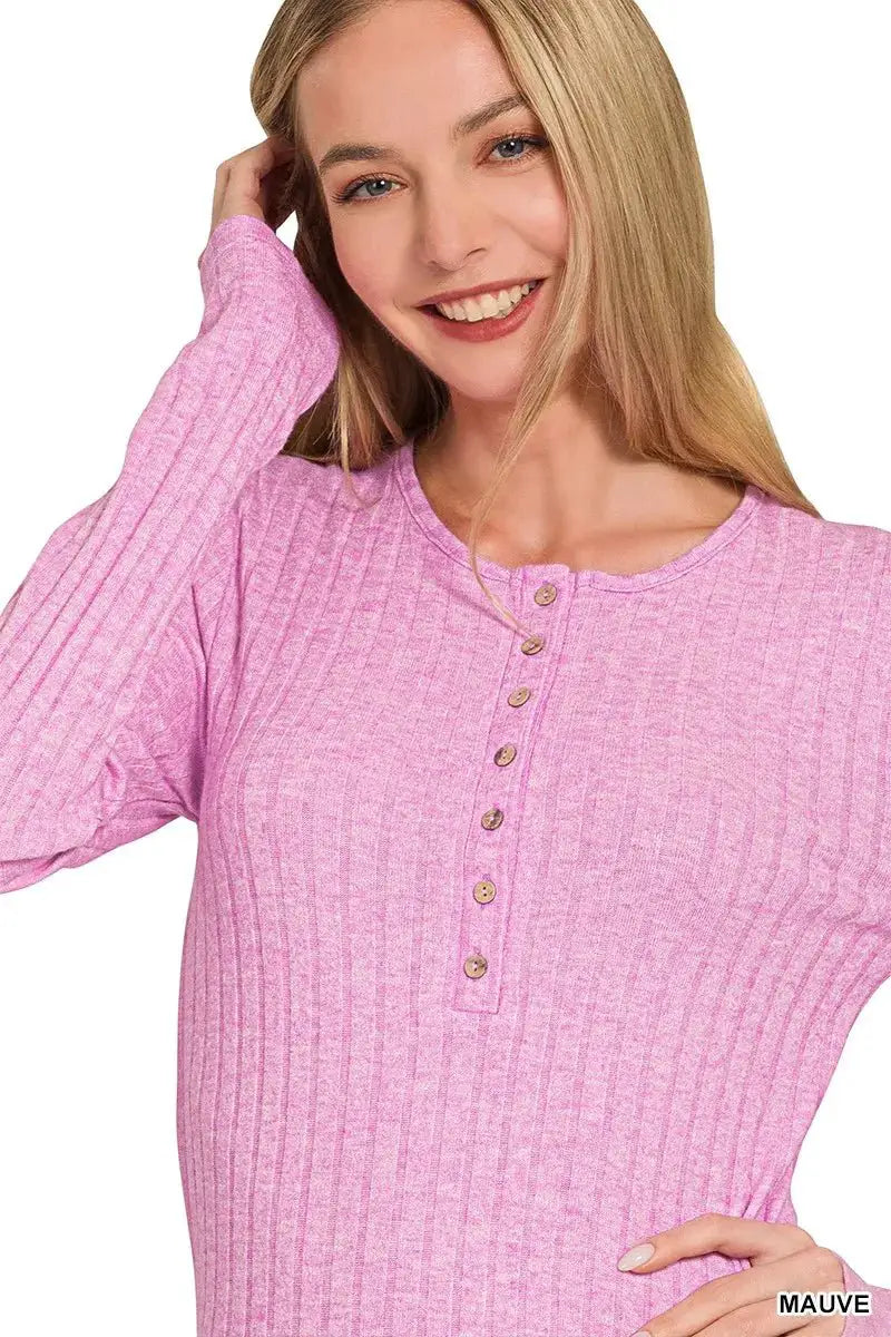 Zenana Ribbed Long Sleeve Half Button Top by Trendsi