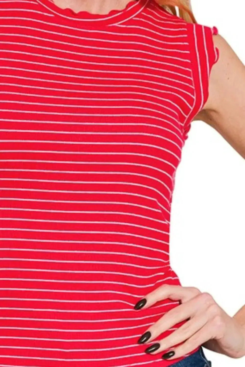 Zenana Ribbed Ruffle Trim Sleeveless Stripe Top by Trendsi
