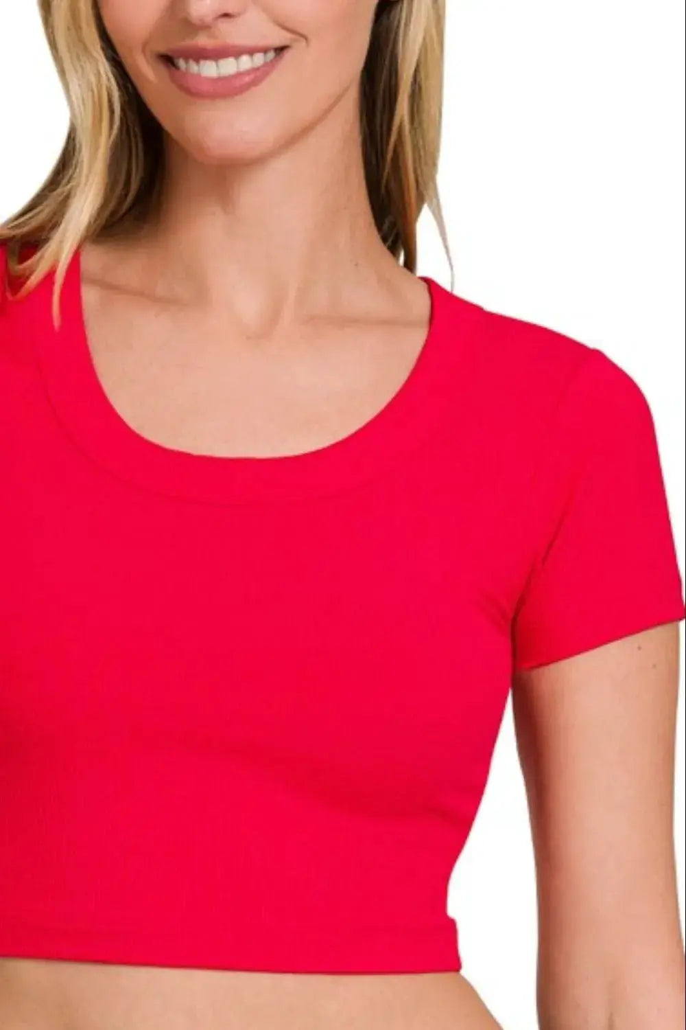 Zenana Ribbed Scoop Neck Crop Short Sleeve Top by Trendsi