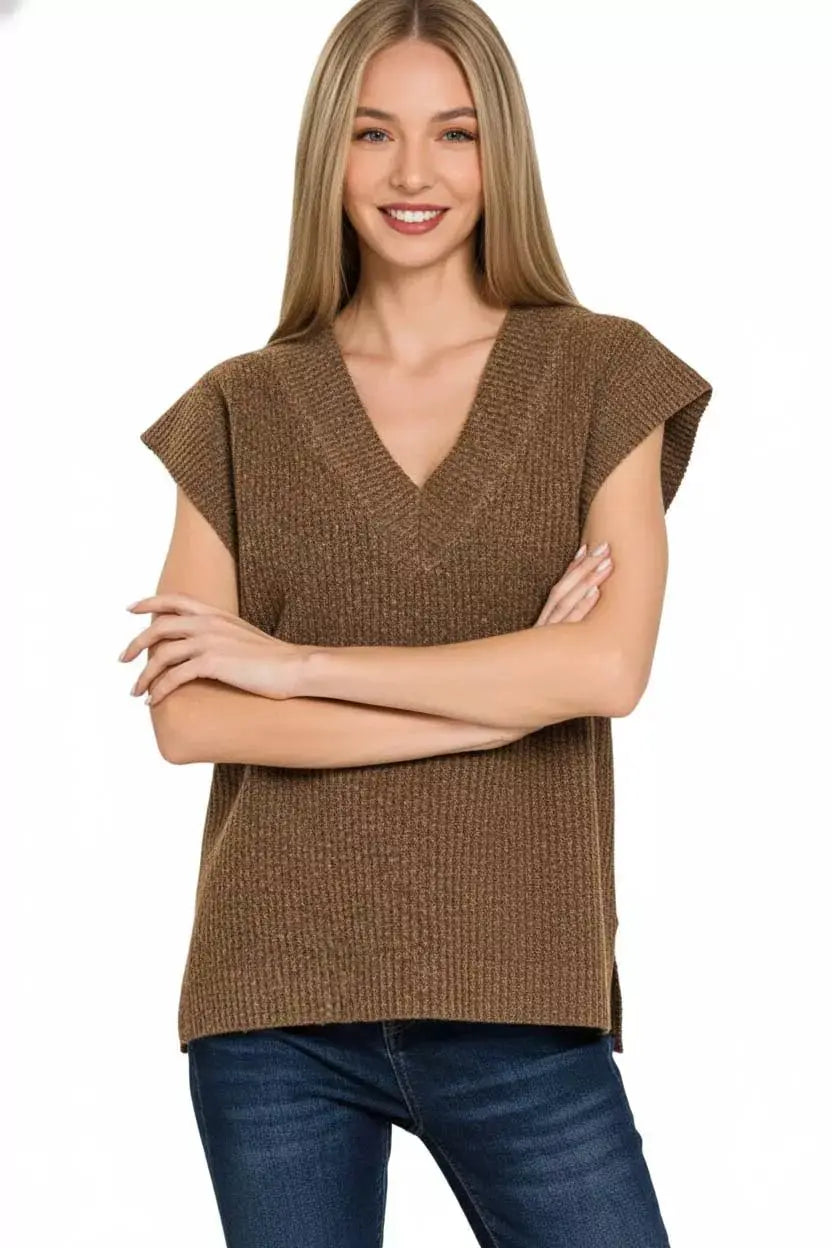 Zenana Ribbed Slit V-Neck Sweater Vest by Trendsi