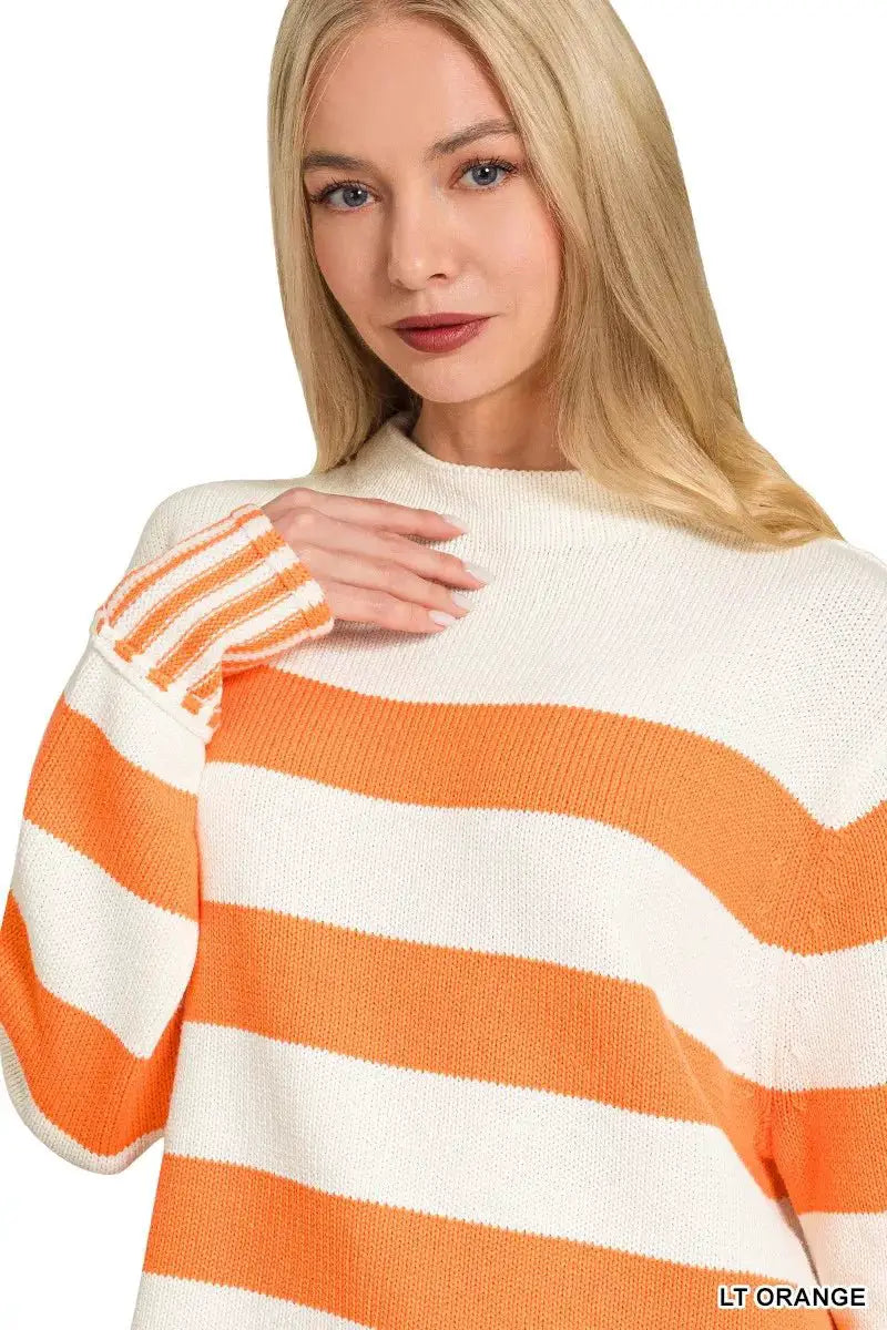 Zenana Ribbed Striped Mock Neck Sweater by Trendsi