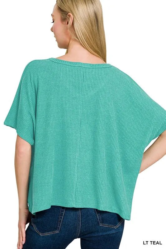 Zenana Ribbed V - Neck Short - Sleeve Knit Top - Bitsy Gypsy Boutique