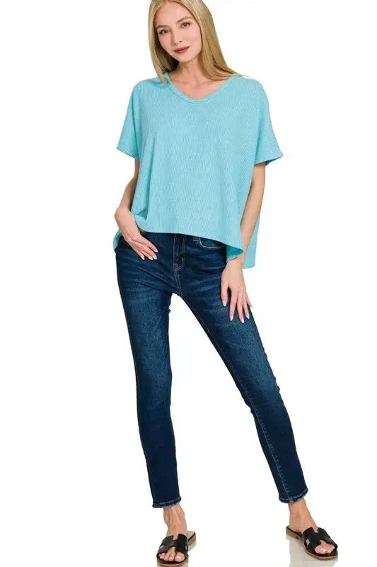 Zenana Ribbed V-Neck Short-Sleeve Knit Top by Trendsi