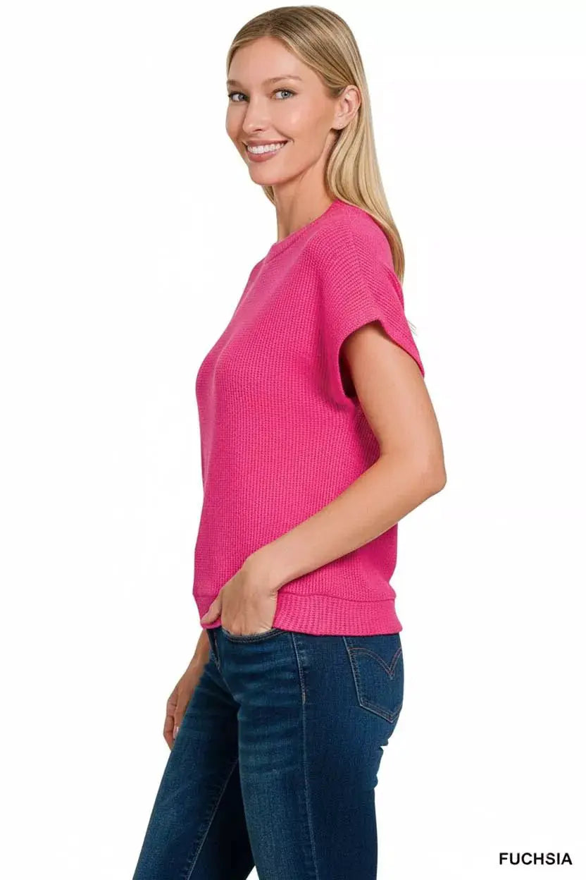 Zenana Round Neck Banded Botton Short Sleeve Sweater by Trendsi