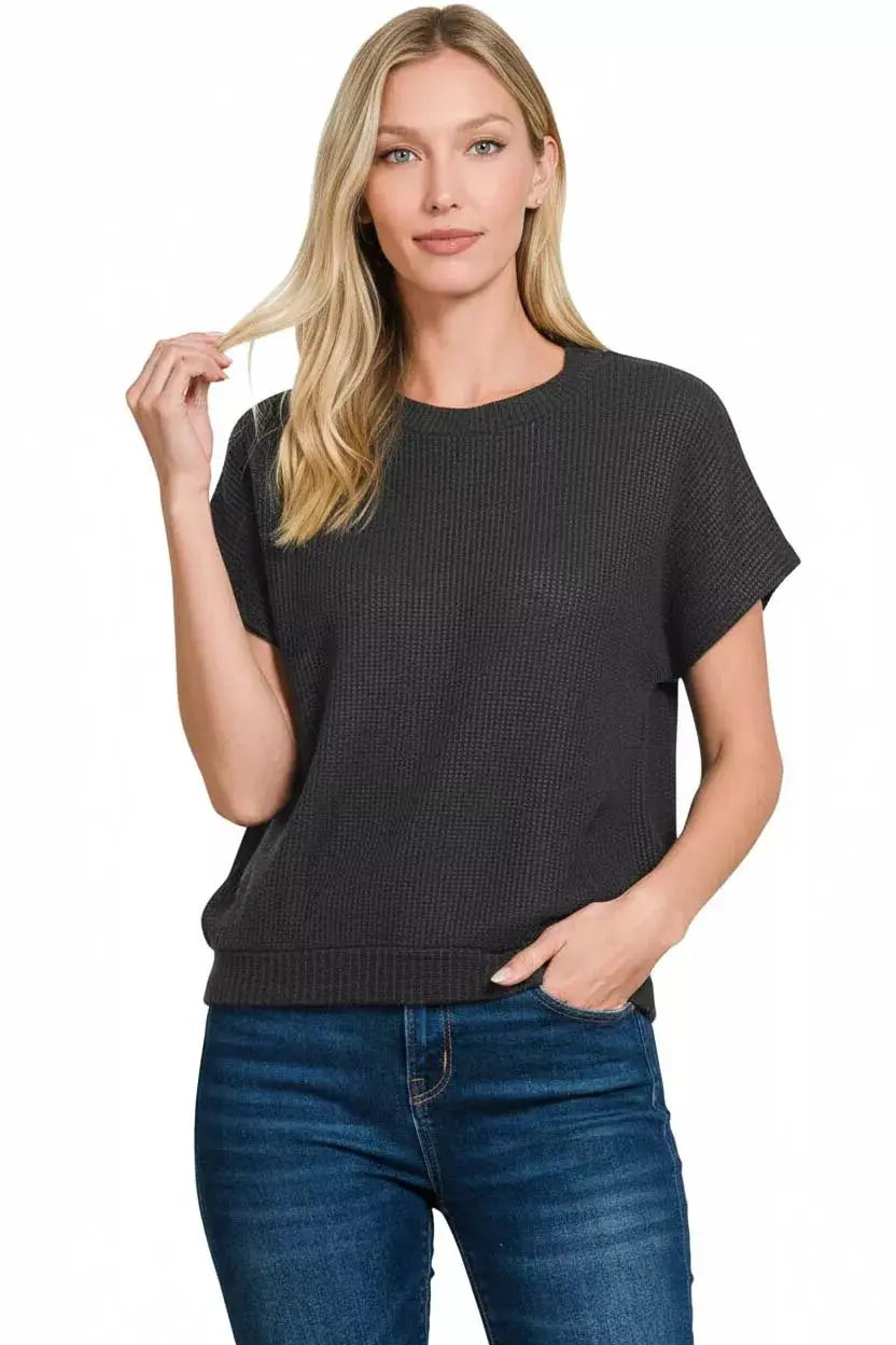 Zenana Round Neck Banded Botton Short Sleeve Sweater by Trendsi