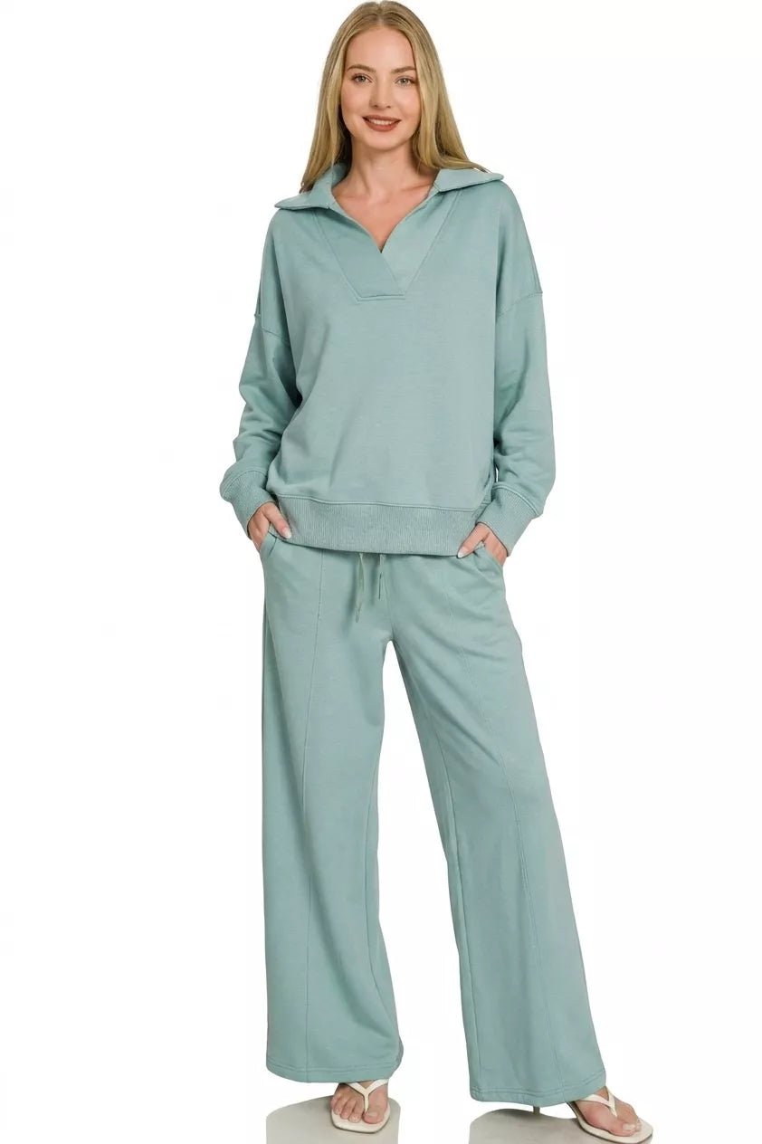 Zenana Scuba Collared Pullover & Center Seam Pants Set - Bitsy Gypsy Boutique