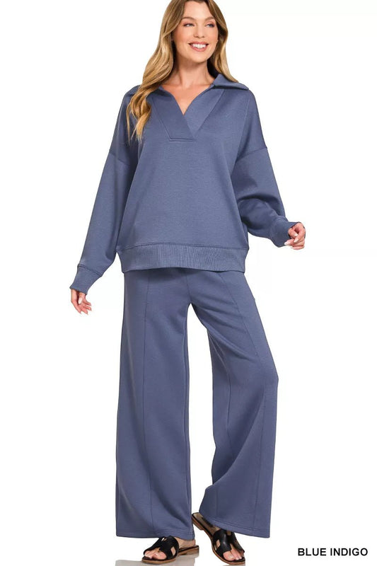 Zenana Scuba Collared Pullover & Center Seam Pants Set - Bitsy Gypsy Boutique