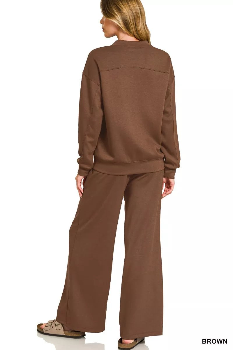 Zenana Scuba Crewneck Pullover and Pants Set - Bitsy Gypsy Boutique