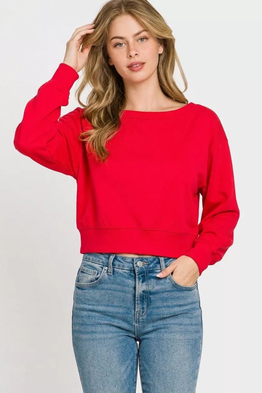 Zenana Scuba Cropped Boat Neck Pullover Sweatshirts - Bitsy Gypsy Boutique