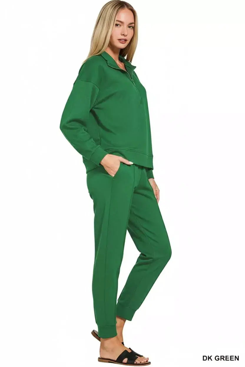 Zenana Scuba Half Zip Pullover and Jogger Set by Trendsi