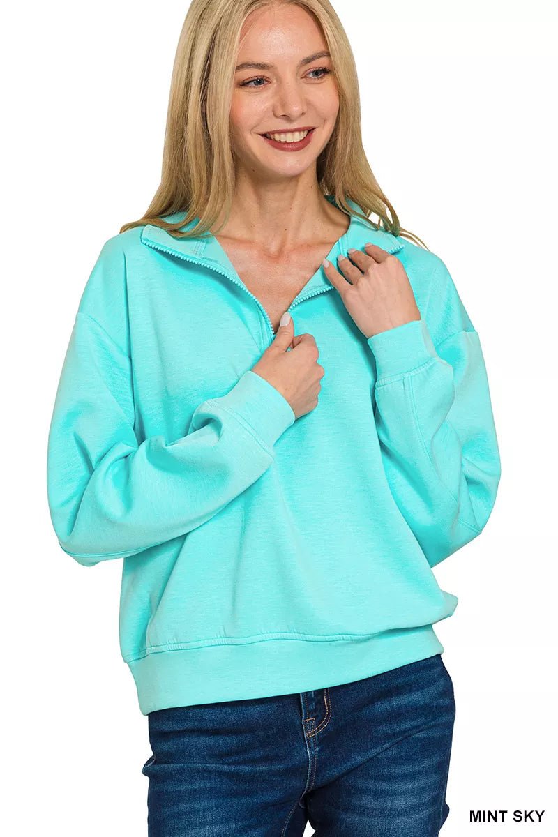 Zenana Scuba Half Zip Pullover Sweatshirt - Bitsy Gypsy Boutique