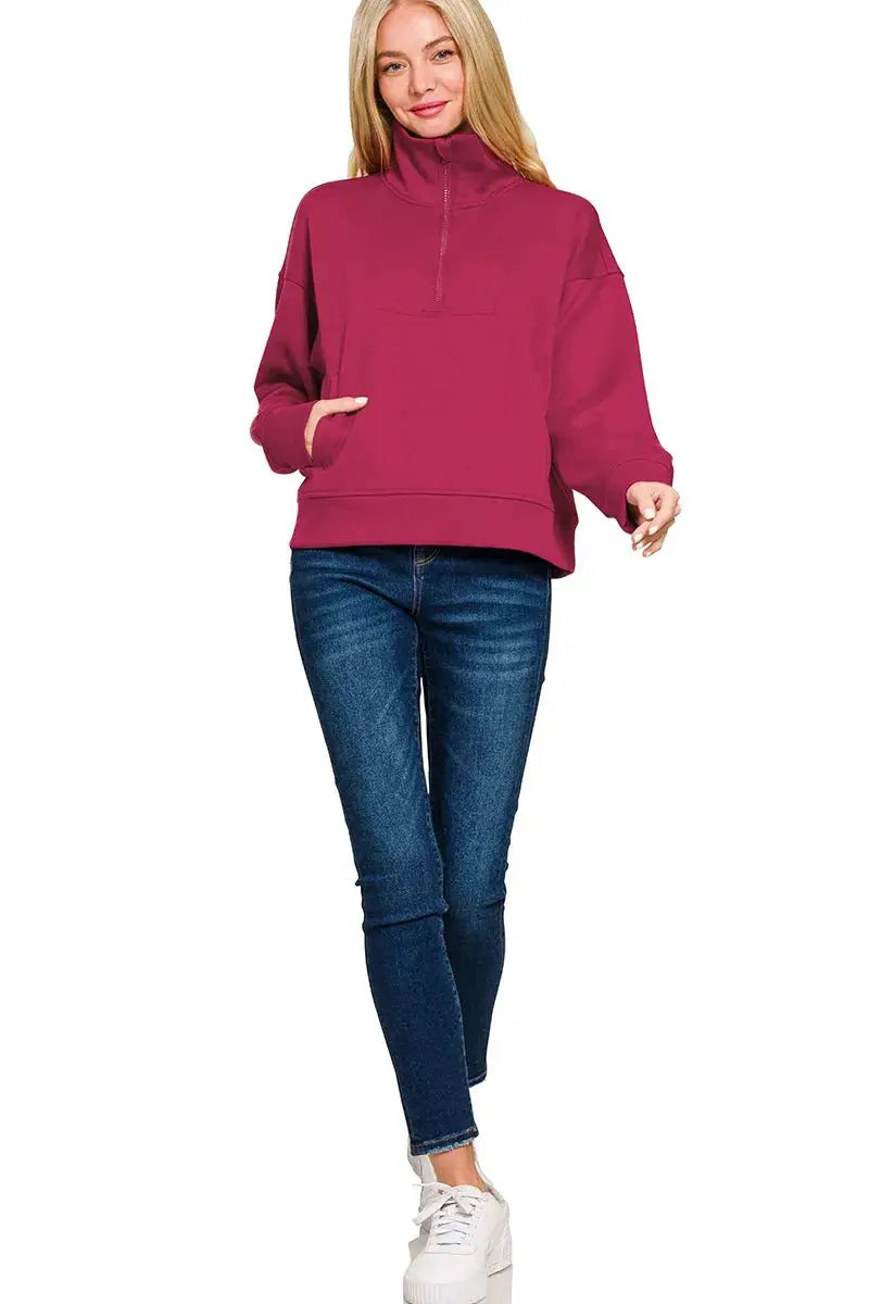 Zenana Scuba Half Zip Sweatshirt with Pockets by Trendsi