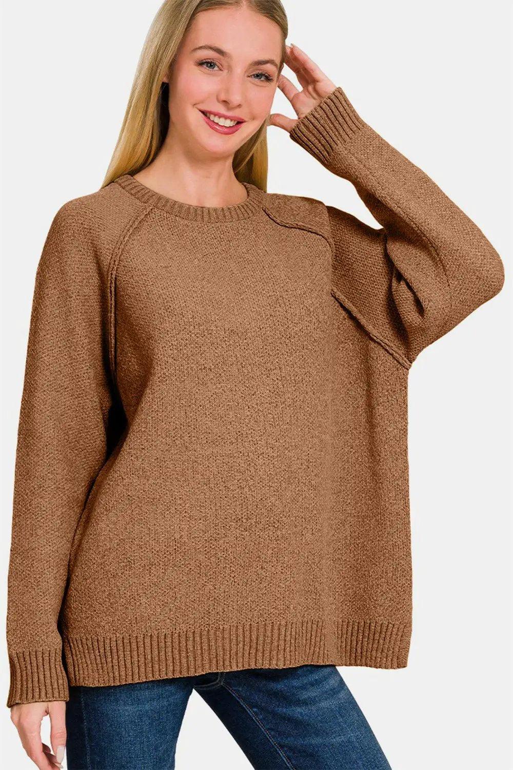 Zenana Side Slit Raglan Sleeve Sweater by Trendsi