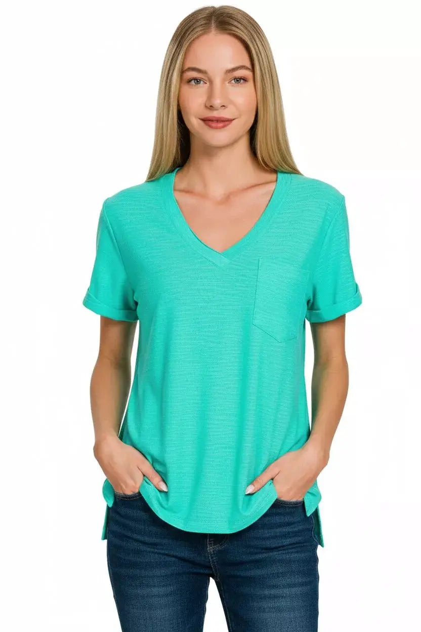 Zenana Slub Rolled Short Sleeve V-Neck Tee by Trendsi