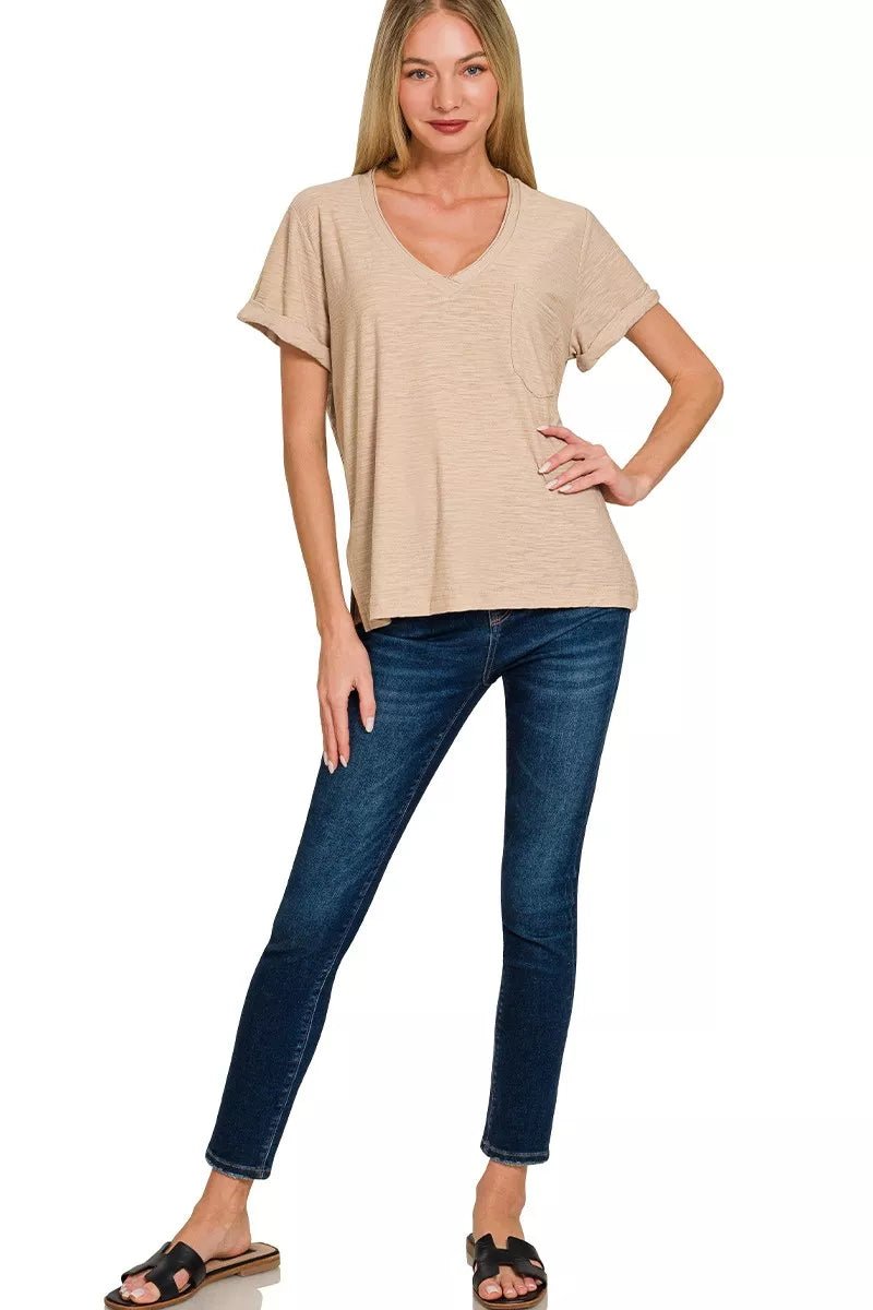 Zenana Slub Rolled Short Sleeve V - Neck Tee - Bitsy Gypsy Boutique