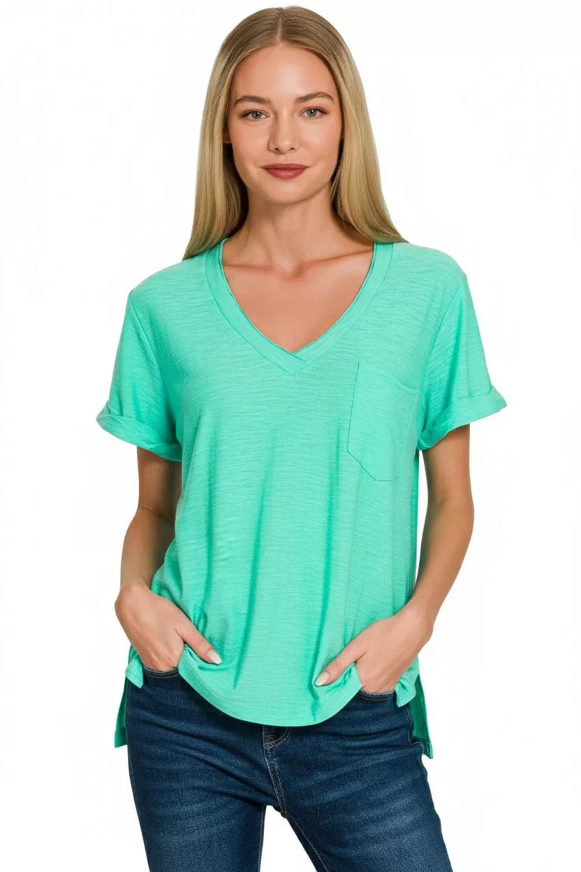 Zenana Slub Rolled Short Sleeve V - Neck Tee - Bitsy Gypsy Boutique