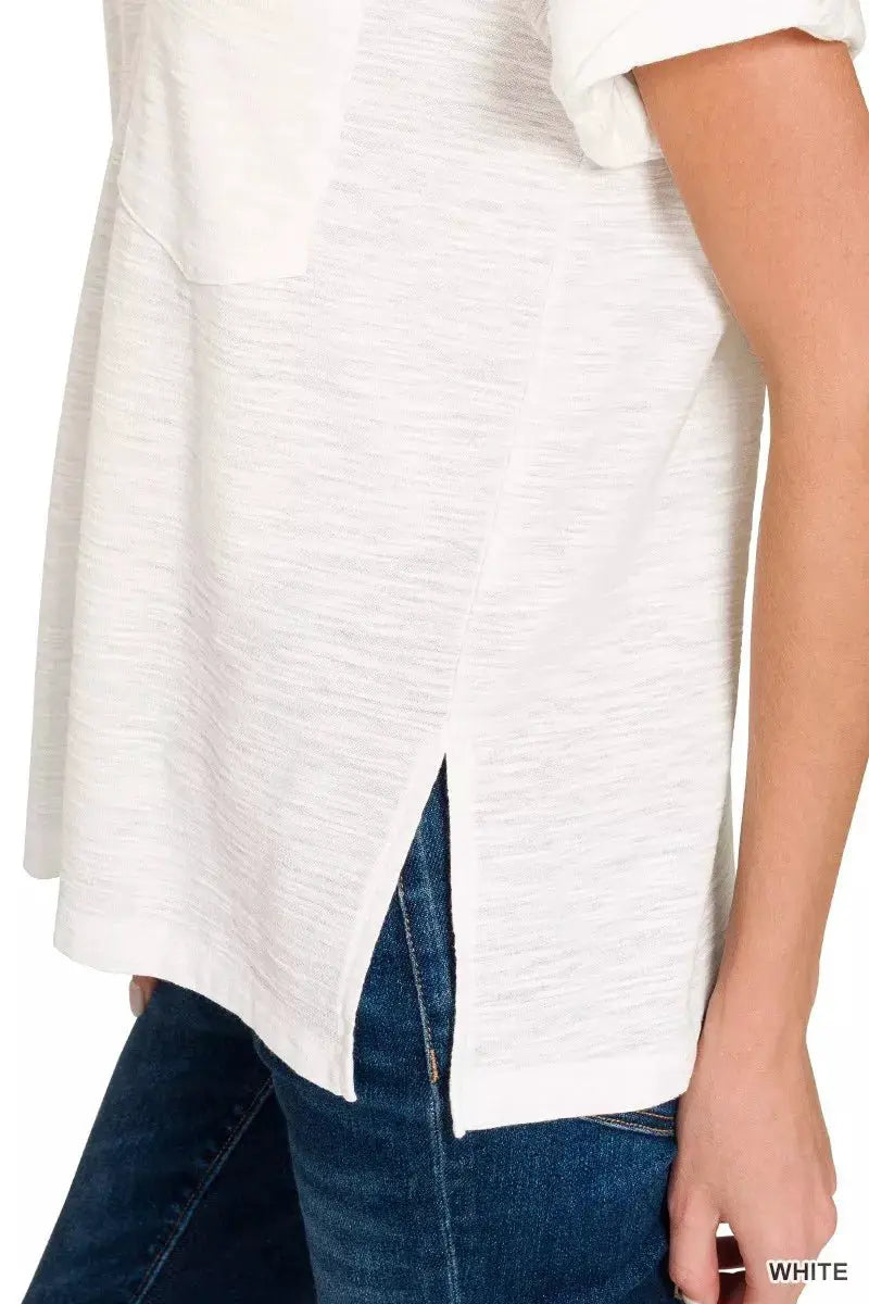 Zenana Slub Rolled Short Sleeve V-Neck Tee by Trendsi
