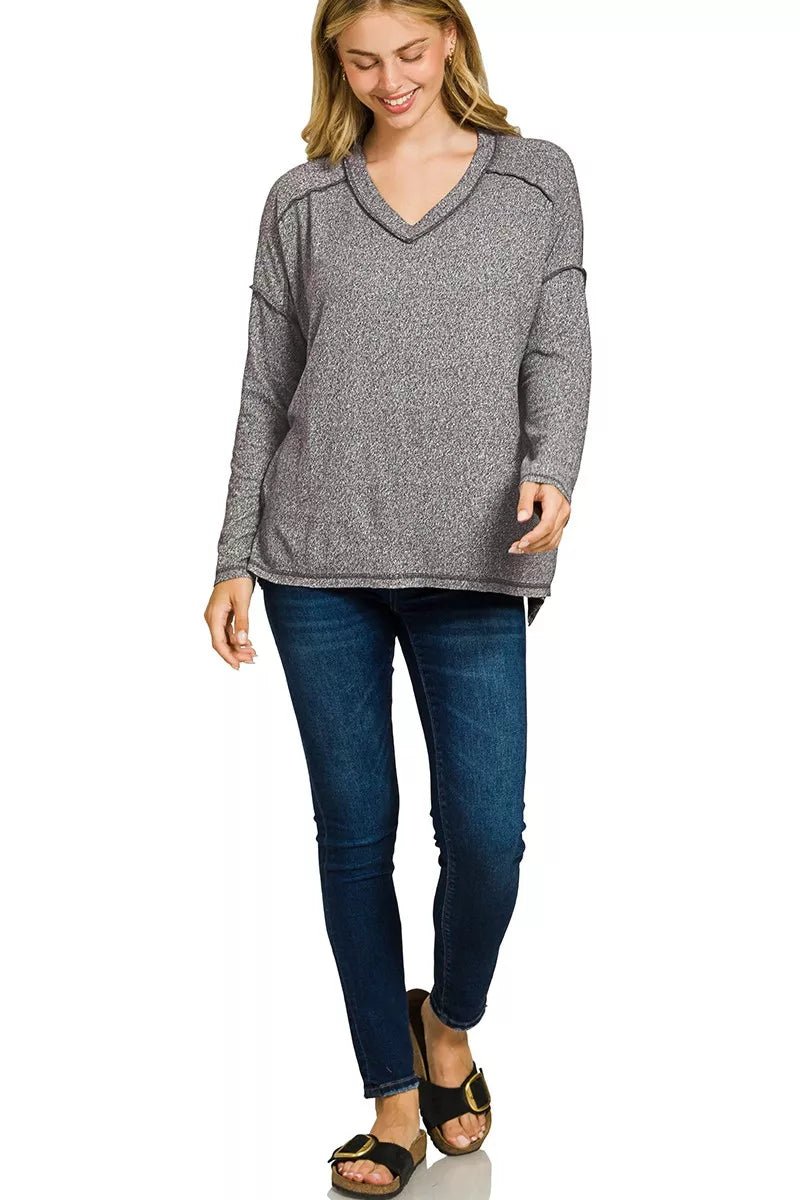 Zenana Soft Melange Hacci Exposed Seam Hi - low Tee - Bitsy Gypsy Boutique