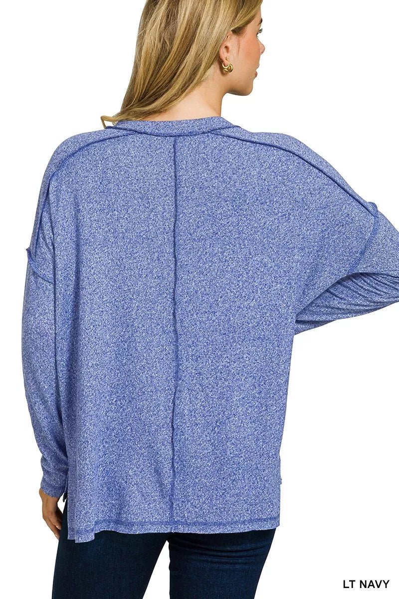 Zenana Soft Melange Hacci Exposed Seam Hi - low Tee - Bitsy Gypsy Boutique