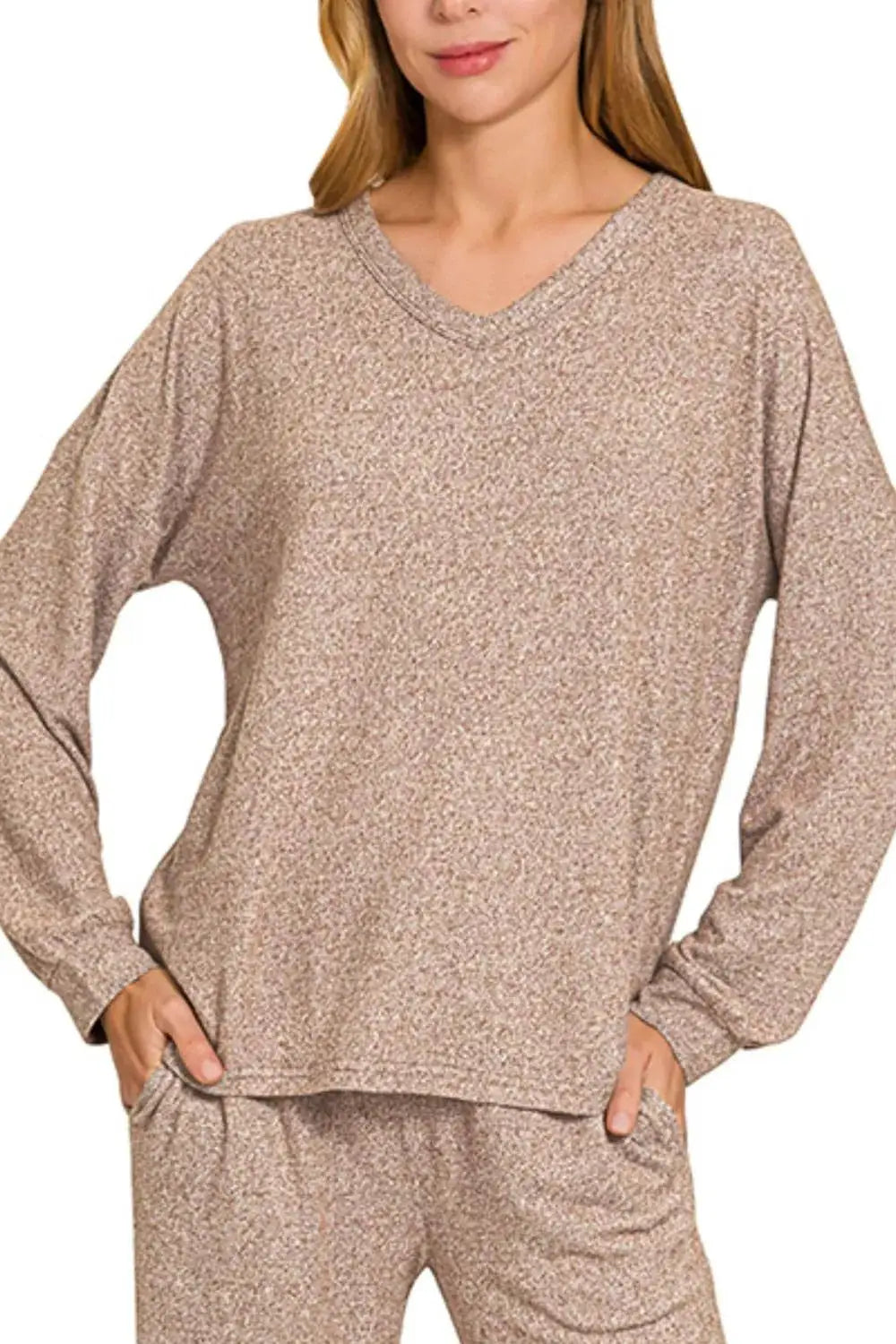 Zenana Soft Melange Long Sleeve Tee & Pants Set by Trendsi