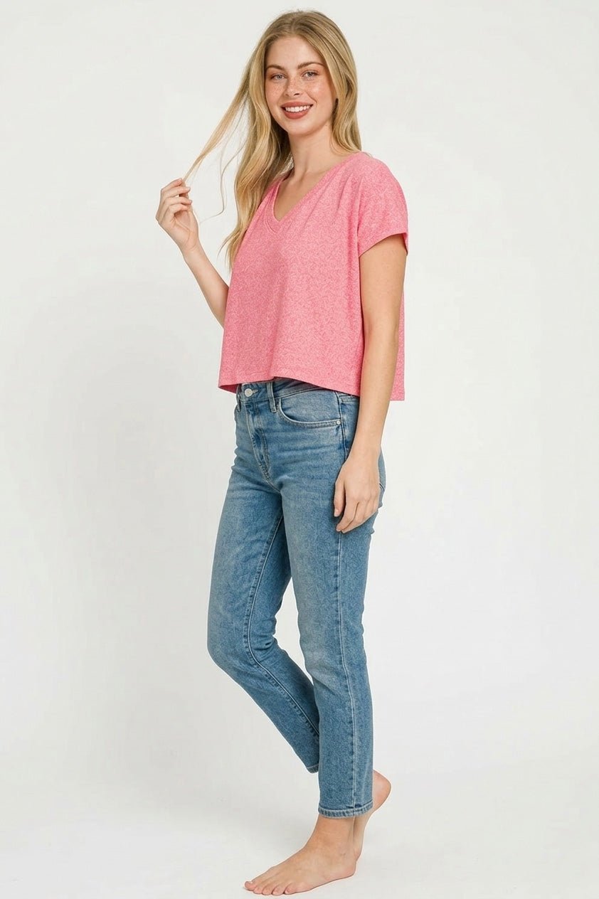 Zenana Soft Melange V - neck Drop Shoulder Cropped Top - Bitsy Gypsy Boutique