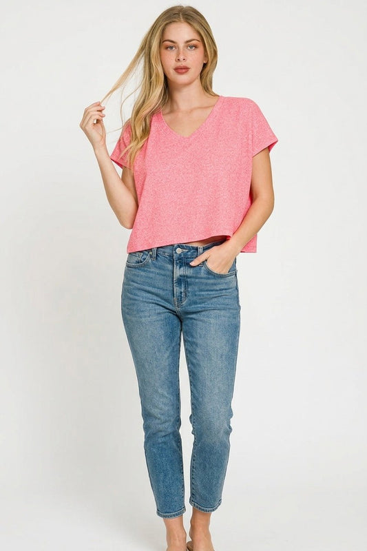 Zenana Soft Melange V - neck Drop Shoulder Cropped Top - Bitsy Gypsy Boutique