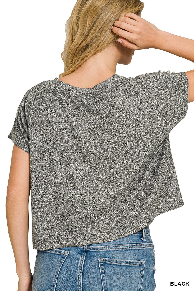 Zenana Soft Melange V - neck Drop Shoulder Cropped Top - Bitsy Gypsy Boutique