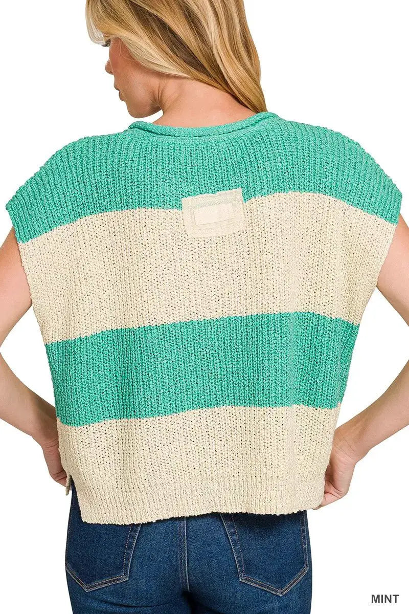 Zenana Split Neck Sleeveless Stripe Sweater by Trendsi