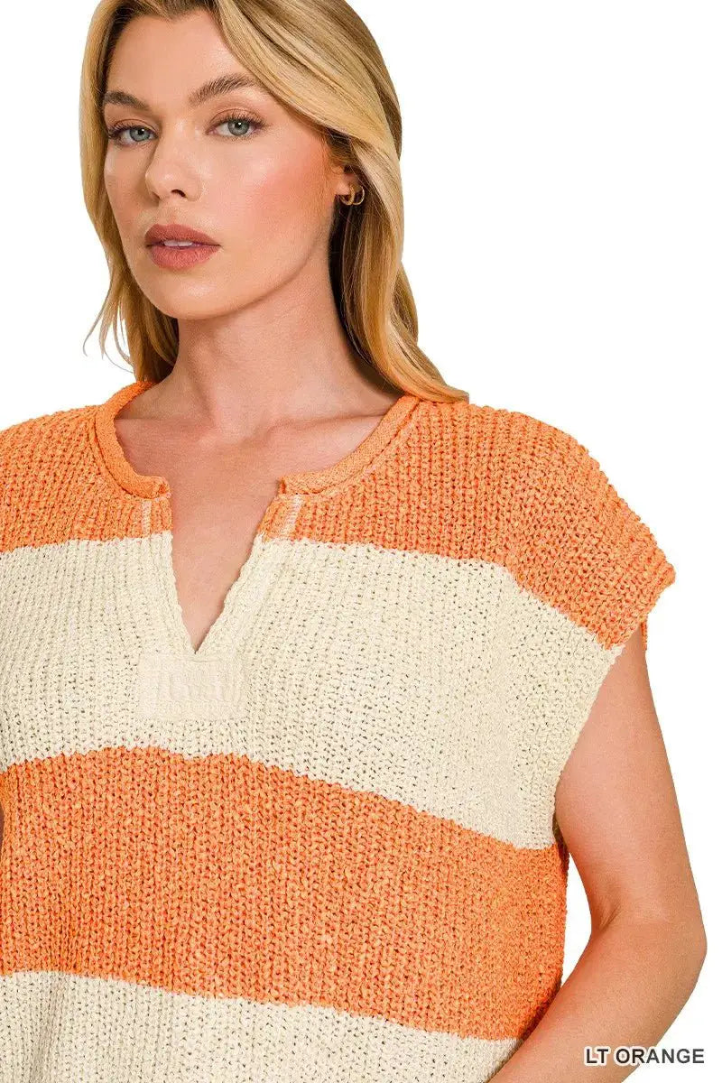 Zenana Split Neck Sleeveless Stripe Sweater by Trendsi