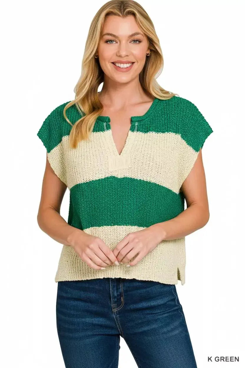 Zenana Split Neck Sleeveless Stripe Sweater by Trendsi