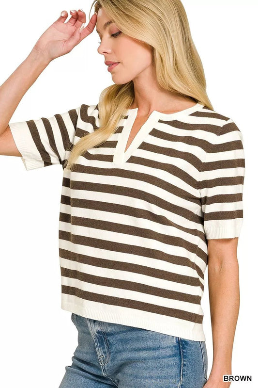Zenana Split Neck Stripe Short Sleeve Sweater - Bitsy Gypsy Boutique