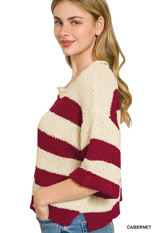 Zenana Split Neck Stripe Sweater - Bitsy Gypsy Boutique