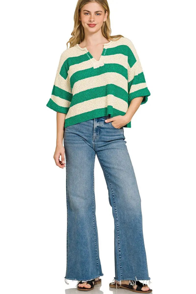 Zenana Split Neck Stripe Sweater by Trendsi