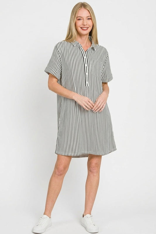 Zenana Stripe Collared Half Button Up T-Shirts Dress - Bitsy Gypsy Boutique