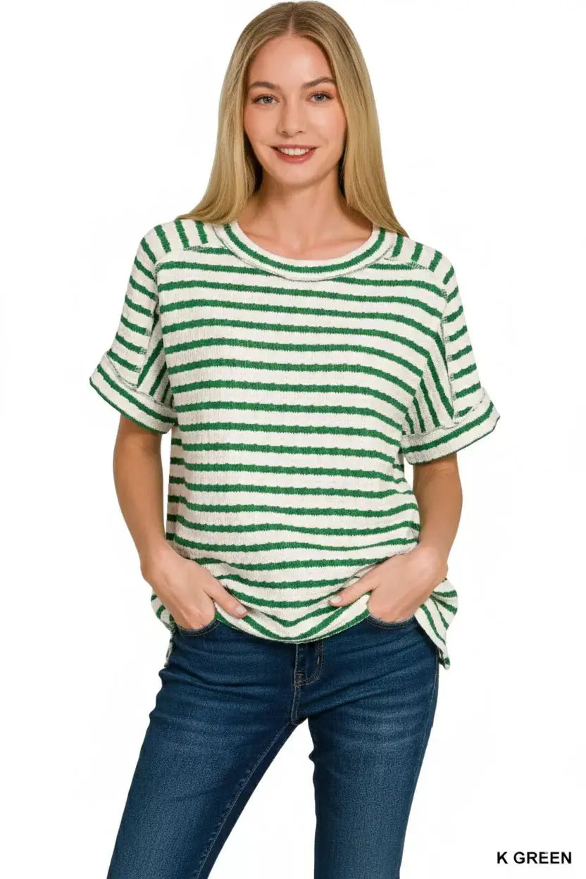 Zenana Stripe Jacquard Round-Meck Tee by Trendsi