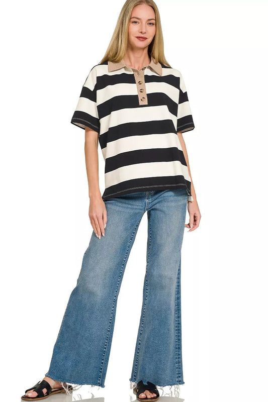 Zenana Striped Collared Polo Top - Bitsy Gypsy Boutique
