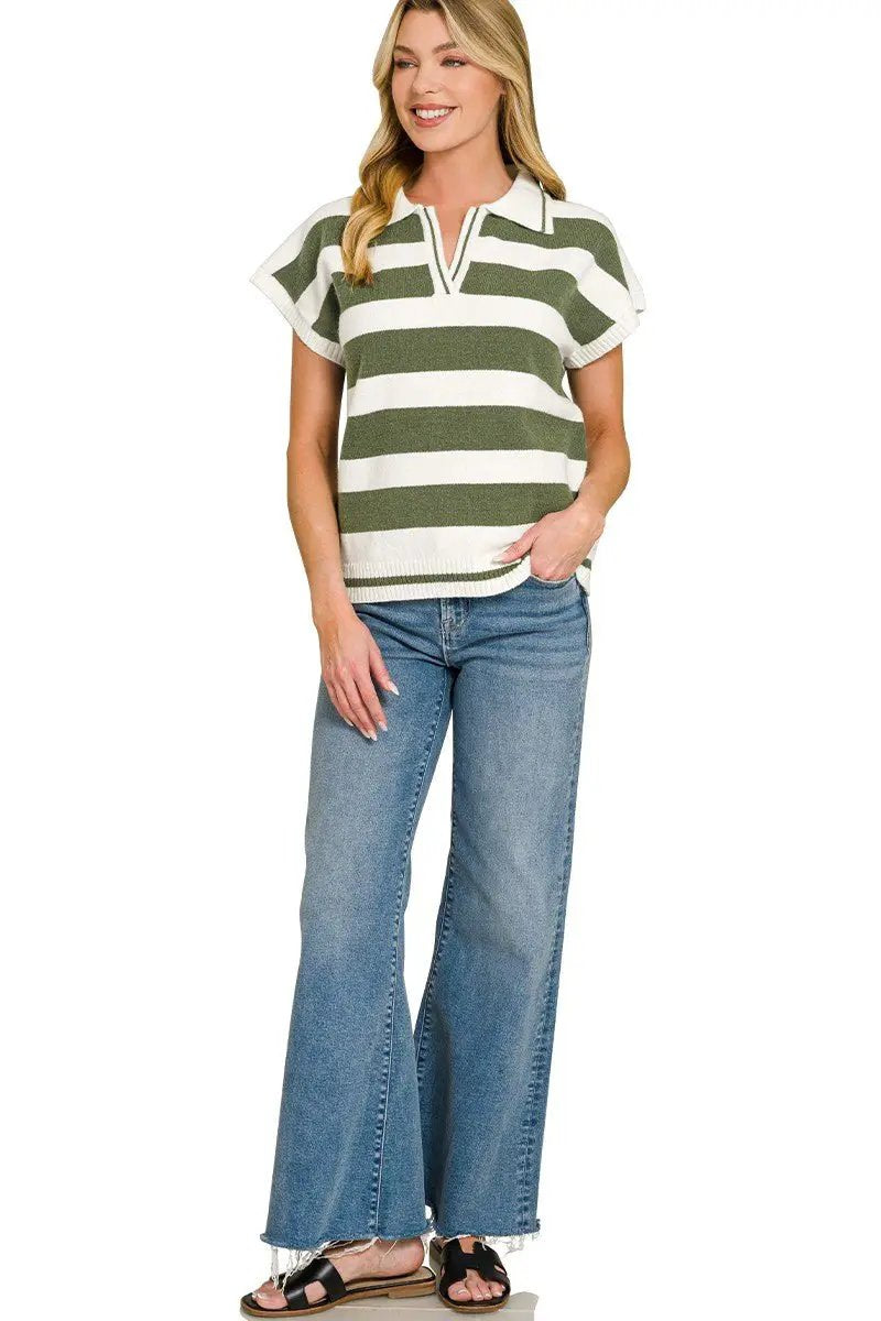 Zenana Striped Collared Short Sleeve Sweater by Trendsi