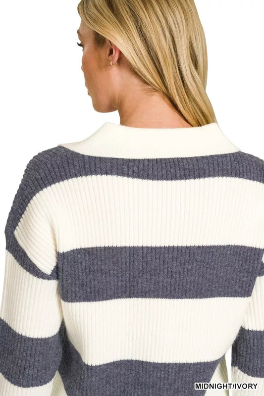 Zenana Striped Collared Sweater - Bitsy Gypsy Boutique