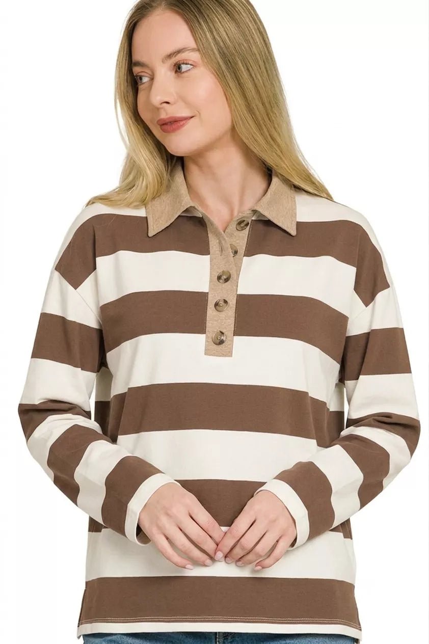 Zenana Striped Contrast Collar Polo Tee - Bitsy Gypsy Boutique