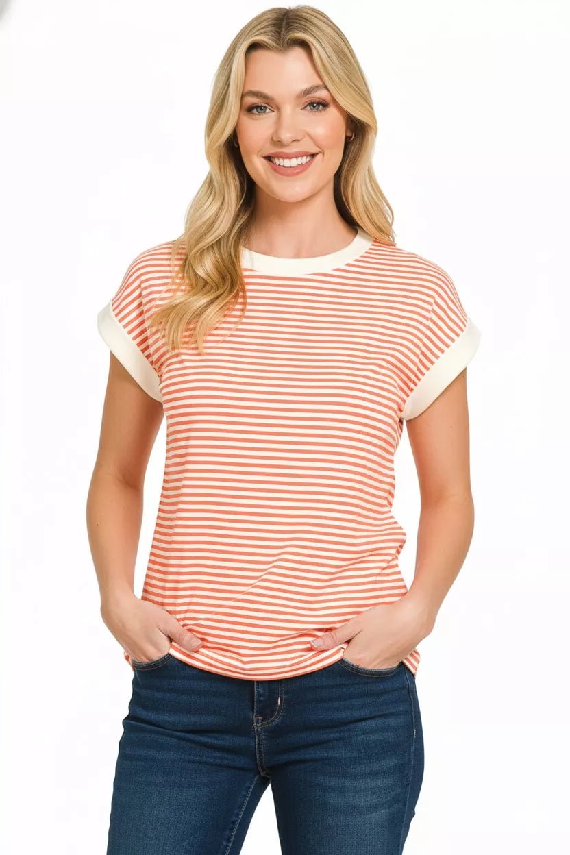 Zenana Striped Round Neck Short Sleeve Contrast Trim T-Shirt - Bitsy Gypsy Boutique