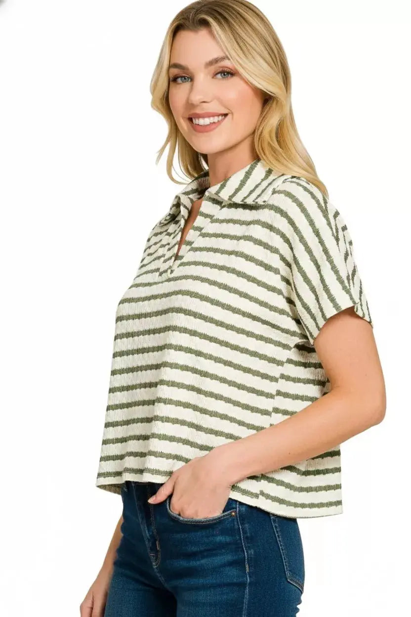 Zenana Striped Split Neck Collared Top by Trendsi