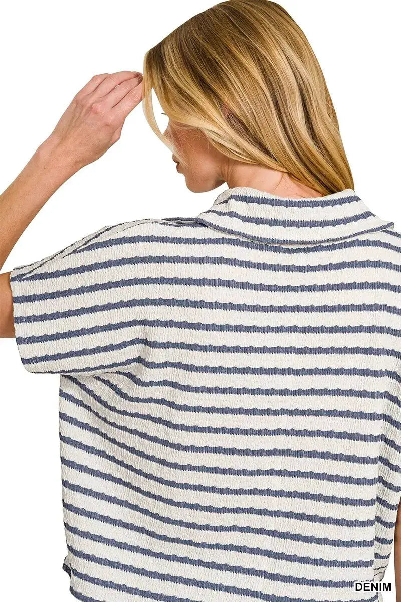 Zenana Striped Split Neck Collared Top by Trendsi