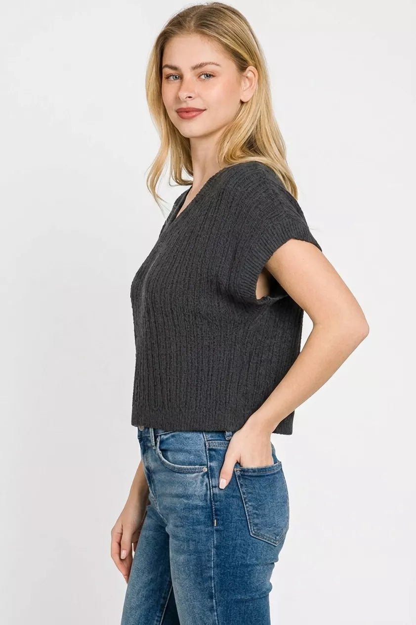 Zenana Textured Knit V - Neck Cropped Sweater - Bitsy Gypsy Boutique