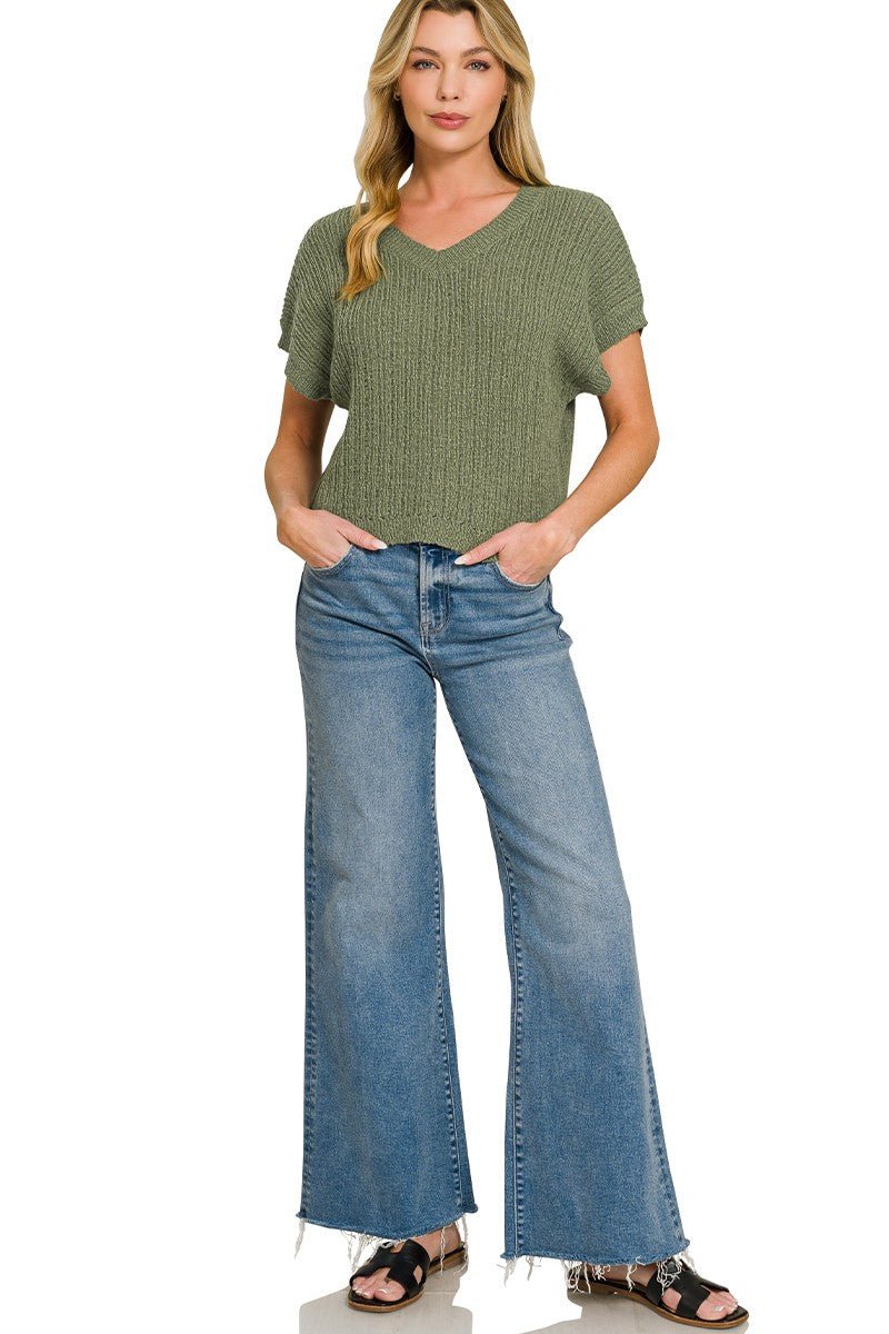 Zenana Textured Knit V - Neck Cropped Sweater - Bitsy Gypsy Boutique