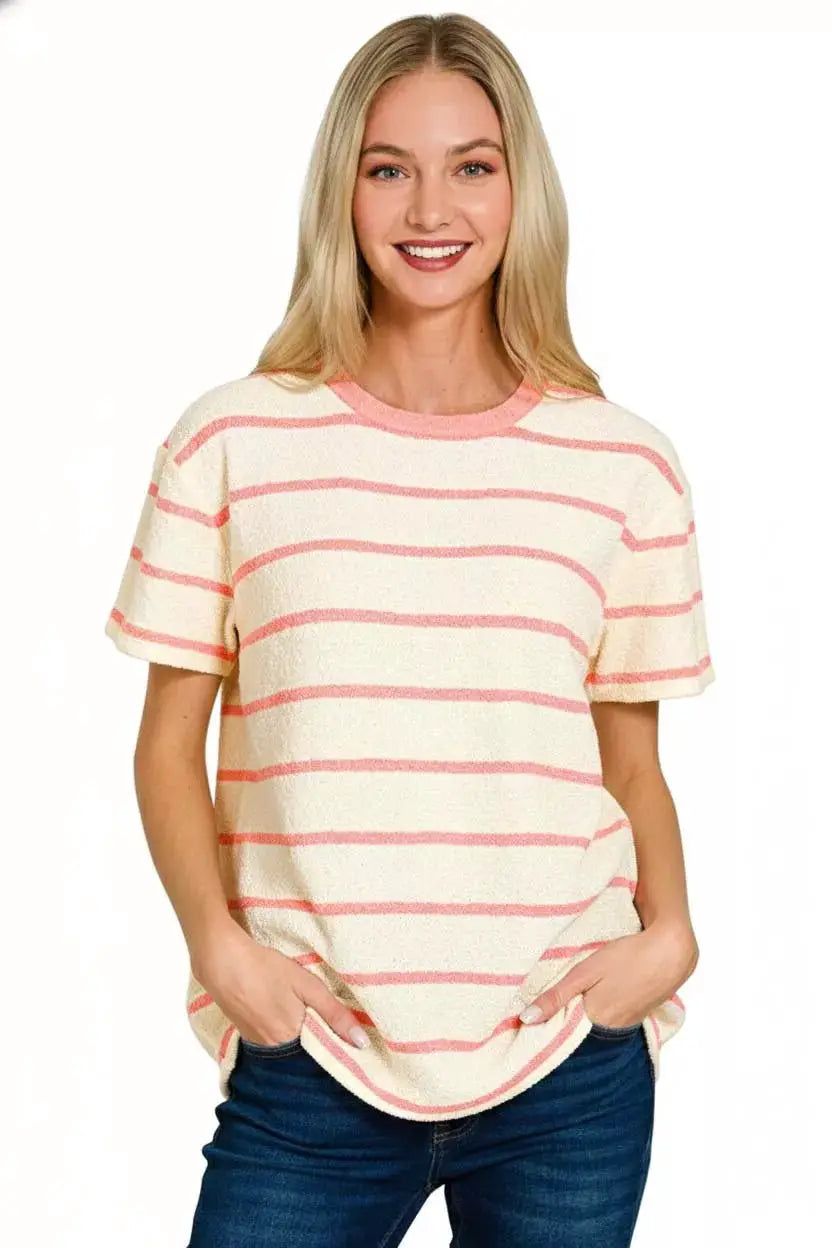 Zenana Textured Striped Crew Neck T-Shirt by Trendsi